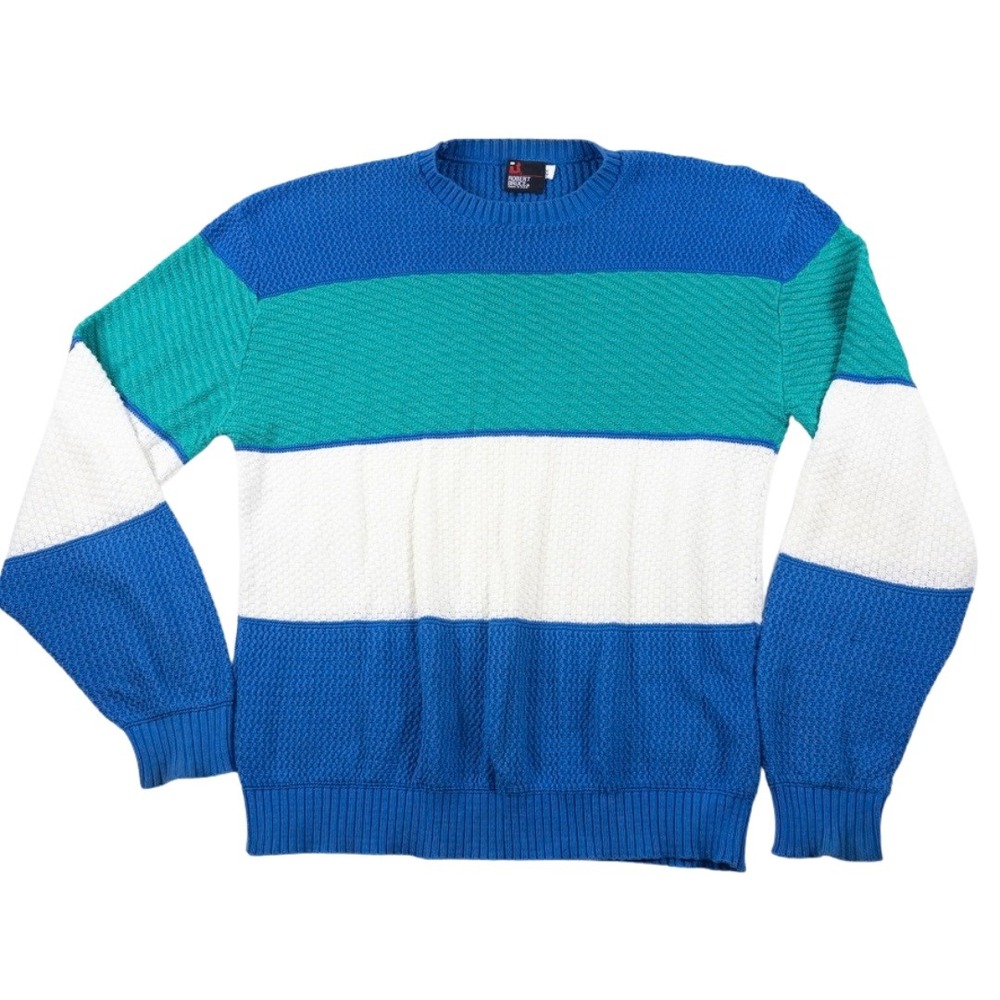 80s vintage knit Sweater Mens XXL Blue Striped Preppy USA Made Robert Bruce